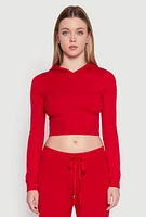 Womens Daisy Cropped Hooded Pullover Sweater, Red, Size XL
