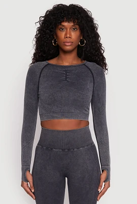 Womens Daisy Seamless Acid Wash Long Sleeve Crop Top, Grey, Size L