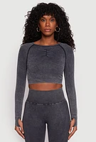 Womens Daisy Seamless Acid Wash Long Sleeve Crop Top, Grey, Size L