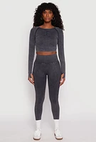 Womens Daisy Seamless Acid Wash Long Sleeve Crop Top, Grey, Size L