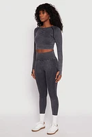 Womens Daisy Seamless Acid Wash Long Sleeve Crop Top, Grey, Size L