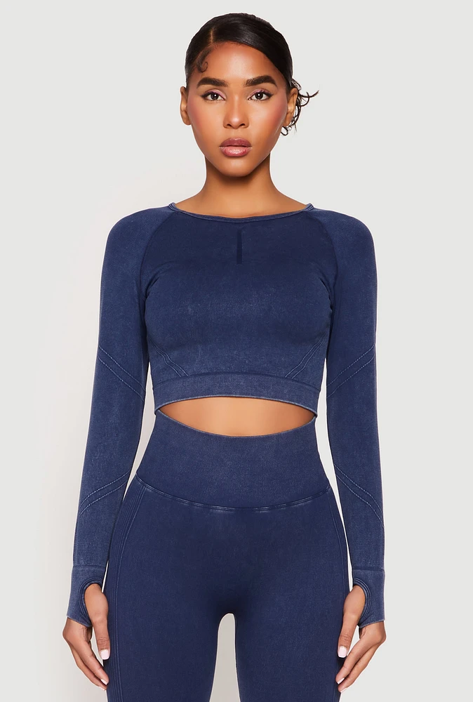 Womens Daisy Seamless Acid Wash Long Sleeve Crop Top,