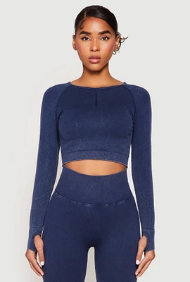 Womens Daisy Seamless Acid Wash Long Sleeve Crop Top,