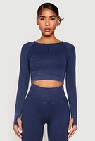 Womens Daisy Seamless Acid Wash Long Sleeve Crop Top,