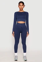 Womens Daisy Seamless Acid Wash Long Sleeve Crop Top,