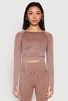 Womens Daisy Seamless Acid Wash Long Sleeve Crop Top,