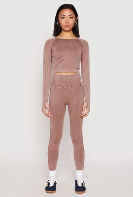 Womens Daisy Seamless Acid Wash High Waist Leggings, Brown, Size L