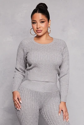 Womens Daisy Cable Knit Cropped Sweater, Grey, Size XL