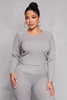 Womens Daisy Cable Knit Cropped Sweater, Grey, Size XL