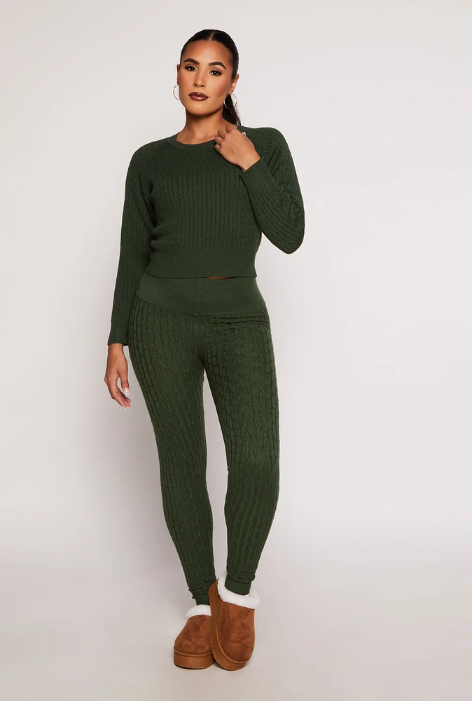 Womens Daisy Cable Knit High Waist Leggings, Green, Size S