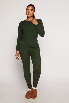 Womens Daisy Cable Knit High Waist Leggings, Green, Size S