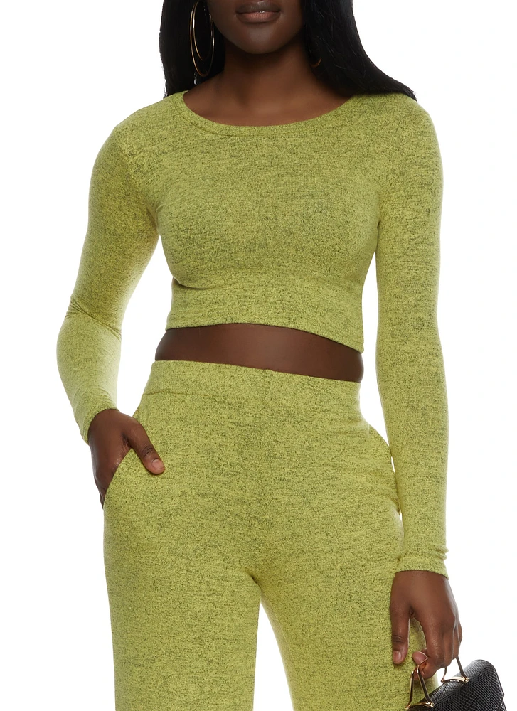 Womens Brushed Knit Crew Neck Crop Top, Green, Size M