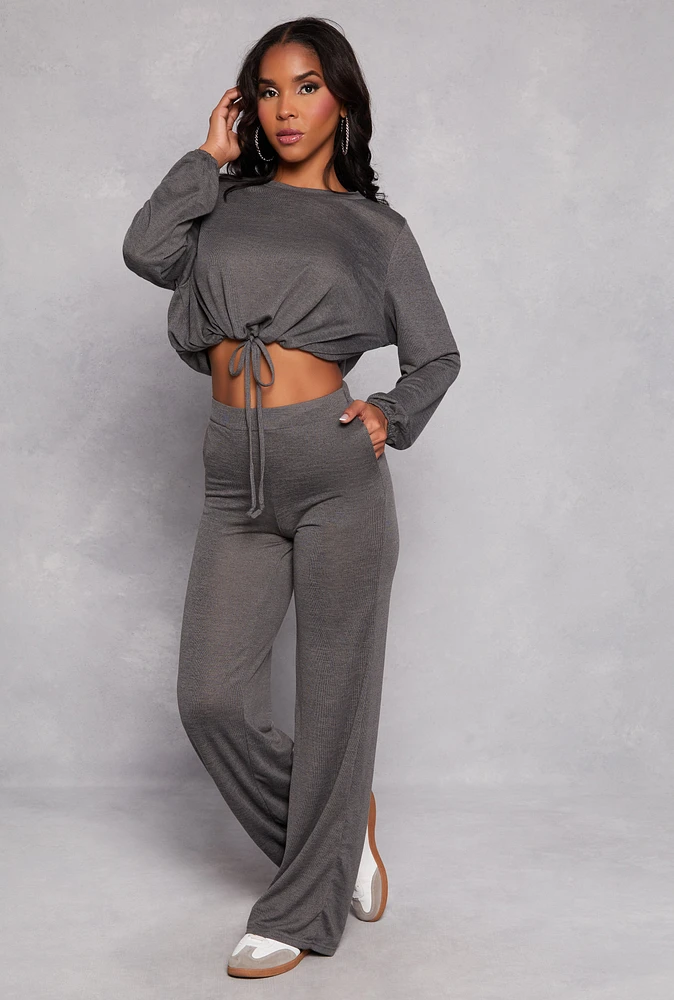 Womens Daisy Brushed Knit Wide Leg Pants, Grey, Size M