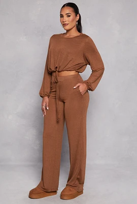 Womens Daisy Brushed Knit Wide Leg Pants, Brown,