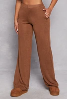 Womens Daisy Brushed Knit Wide Leg Pants, Brown,