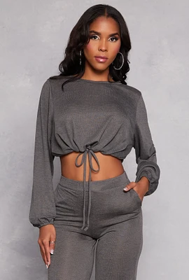 Womens Daisy Drawstring Hem Long Sleeve Crop Top, Grey, Size S