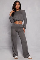 Womens Daisy Drawstring Hem Long Sleeve Crop Top, Grey, Size S