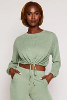 Womens Daisy Drawstring Hem Long Sleeve Crop Top, Green,