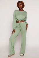 Womens Daisy Drawstring Hem Long Sleeve Crop Top, Green,