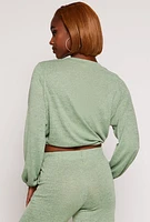 Womens Daisy Drawstring Hem Long Sleeve Crop Top, Green,