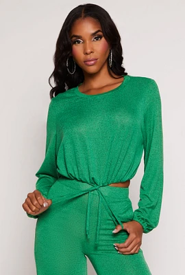Womens Daisy Drawstring Hem Long Sleeve Crop Top, Green, Size XL