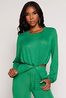 Womens Daisy Drawstring Hem Long Sleeve Crop Top, Green, Size XL