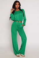 Womens Daisy Drawstring Hem Long Sleeve Crop Top, Green, Size XL