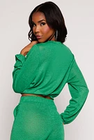 Womens Daisy Drawstring Hem Long Sleeve Crop Top, Green,