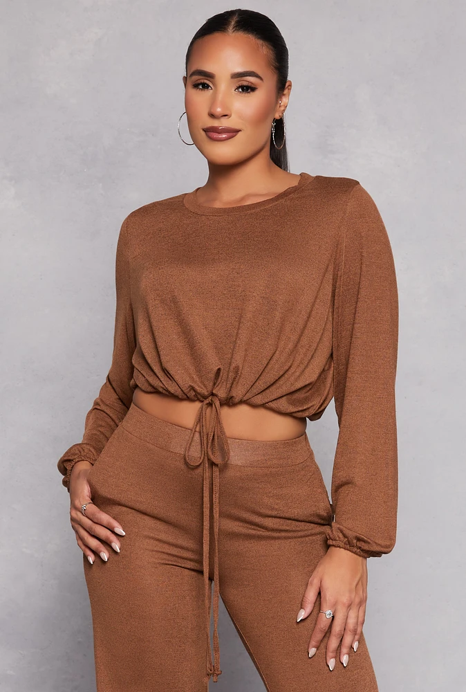 Womens Daisy Drawstring Hem Long Sleeve Crop Top,