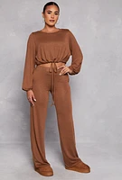 Womens Daisy Drawstring Hem Long Sleeve Crop Top,