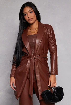 Womens Faux Leather Wrap Coat, Brown, Size M