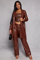 Womens Faux Leather Wrap Coat, Brown, Size S