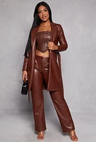 Womens Faux Leather Wrap Coat, Brown, Size M