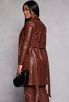 Womens Faux Leather Wrap Coat, Brown, Size S