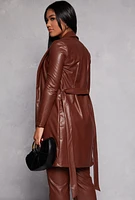 Womens Faux Leather Wrap Coat, Brown, Size M