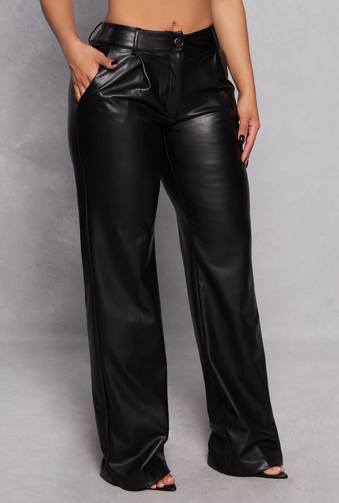 Womens Faux Leather Pleated Detail High Waist Pants, Black, Size L