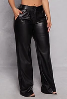 Womens Faux Leather Pleated Detail High Waist Pants, Black, Size L