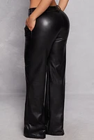 Womens Faux Leather Pleated Detail High Waist Pants, Black, Size L