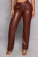 Womens Faux Leather Pleated Detail High Waist Pants, Brown, Size L