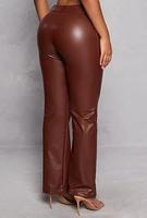 Womens Faux Leather Pleated Detail High Waist Pants, Brown, Size L