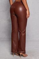 Womens Faux Leather Pleated Detail High Waist Pants, Brown, Size M