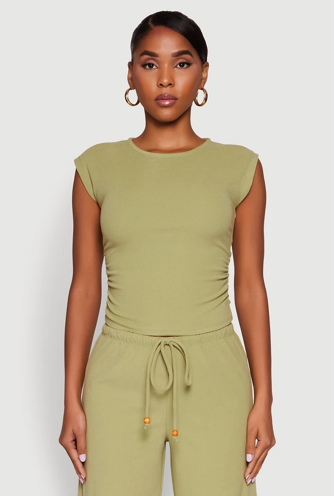Womens Haute Monde Brushed Knit Ruched Side Cap Sleeve Blouse, Green, Size L