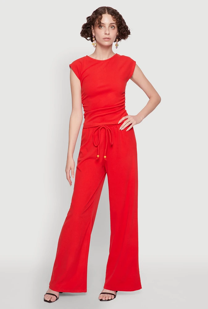 Womens Haute Monde Brushed Knit Drawstring Waist Wide Leg Pants, Red,