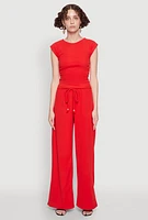 Womens Haute Monde Brushed Knit Drawstring Waist Wide Leg Pants, Red,