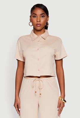 Womens Haute Monde Textured Knit Button Front Cropped Shirt,