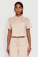 Womens Haute Monde Textured Knit Button Front Cropped Shirt,