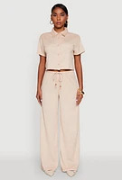 Womens Haute Monde Textured Knit Button Front Cropped Shirt,