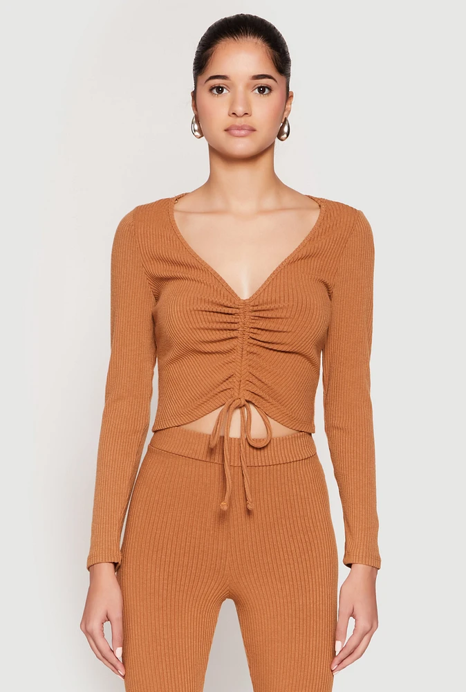 Womens Rib Knit Drawstring Front Ruched Crop Top, L