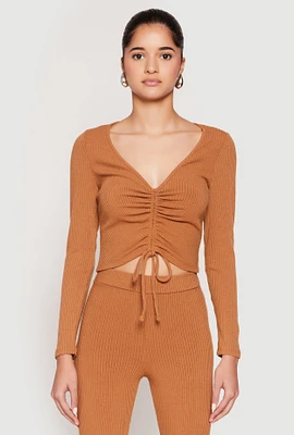 Womens Rib Knit Drawstring Front Ruched Crop Top, L