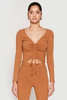Womens Rib Knit Drawstring Front Ruched Crop Top, L